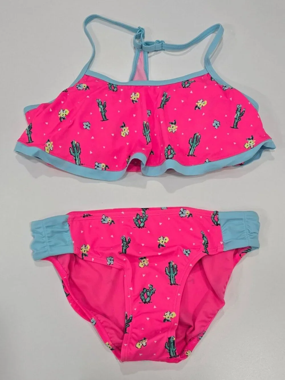 Justice ✦ Girls Racerback Tankini Ruched Bottoms Set ✦ Cactus Print Pink Blue 18